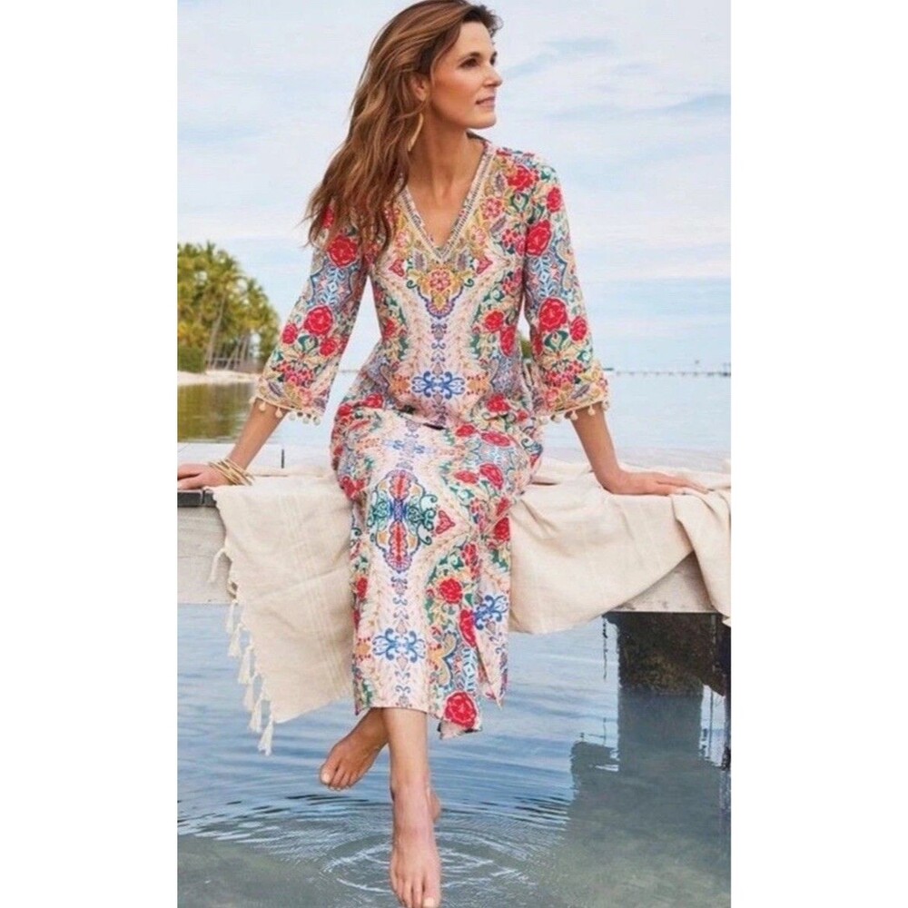 Soft Surroundings Ipanema Kaftan Dress Womens Petite S Embroidered Beaded Maxi
